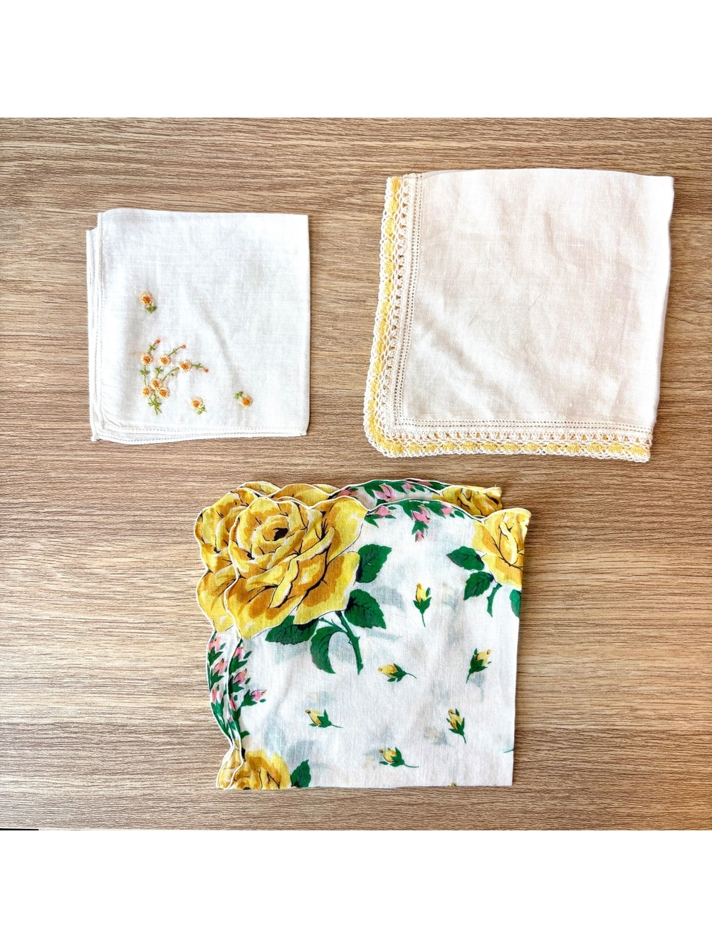 Set of 3 Yellow and White Handkerchiefs, Sheer Cotton, Floral Hanky, Embroidered